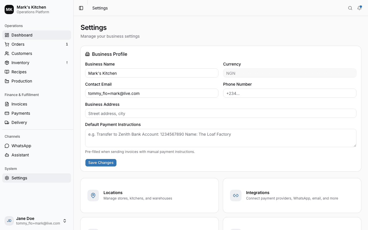 Settings page showing team management and configuration options